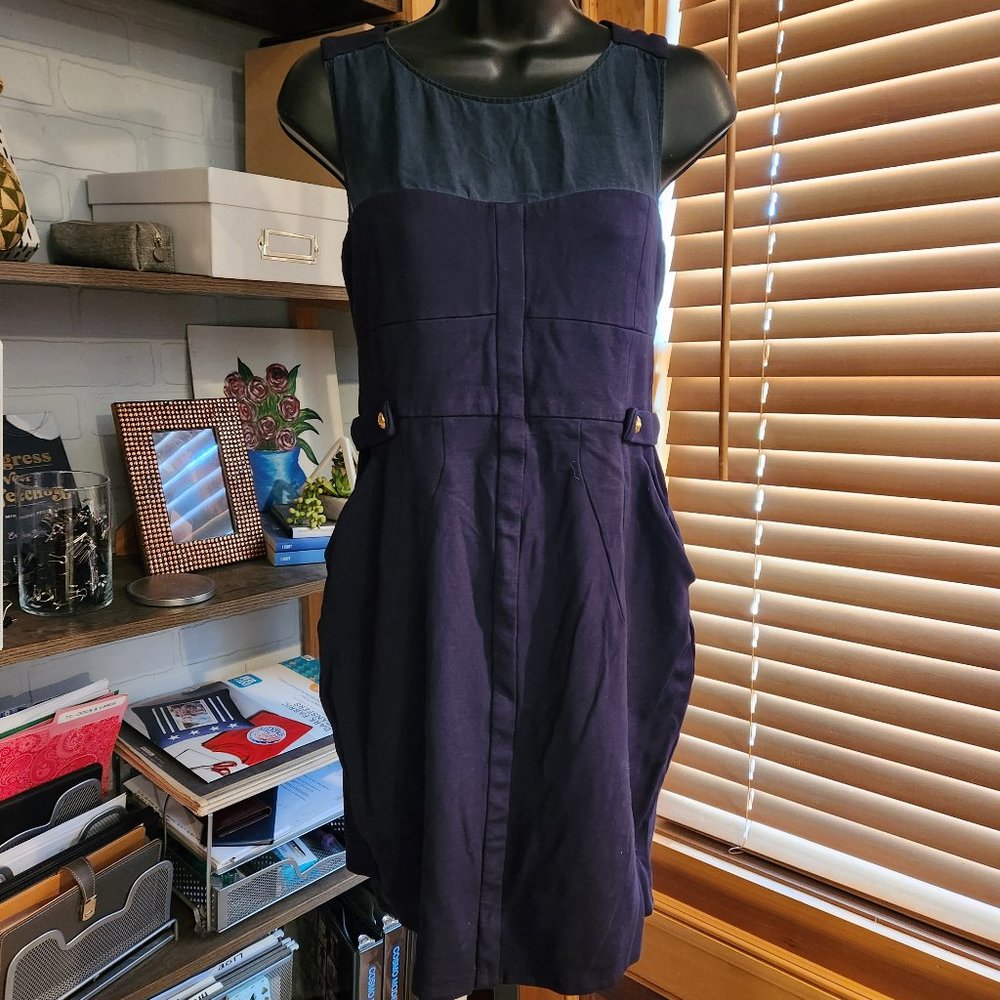 .Navy Nautical-Style Sheath Dress with Mesh Yoke